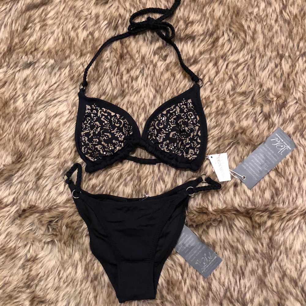 NWT 1Sol Bikini Black &Gold leopard with Swarovski